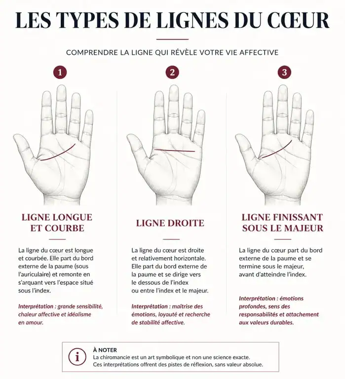 Schéma explicatif des différents types de ligne de la main en amour pour la chiromancie
