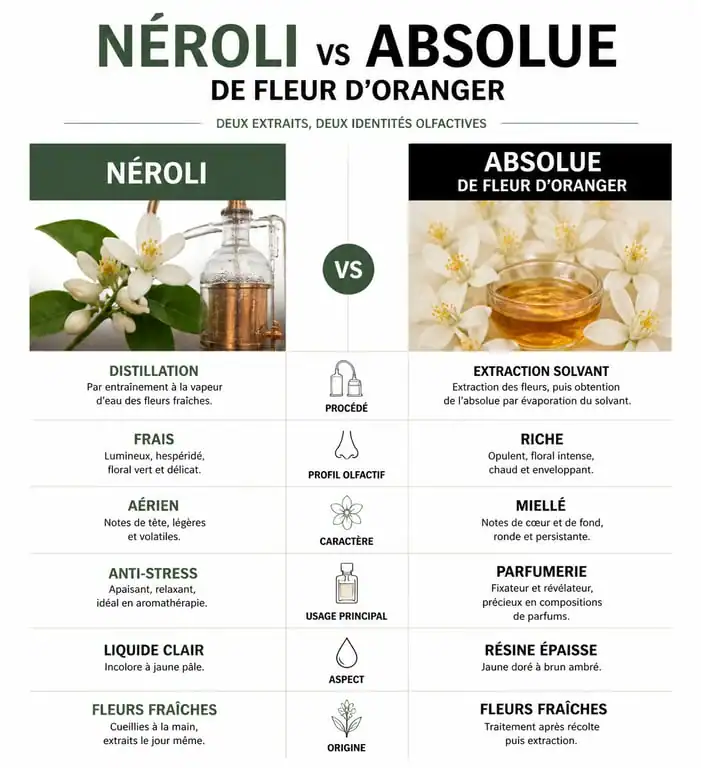 Infographie comparative des différences entre l'huile essentielle de Néroli et l'absolue de fleur d'oranger