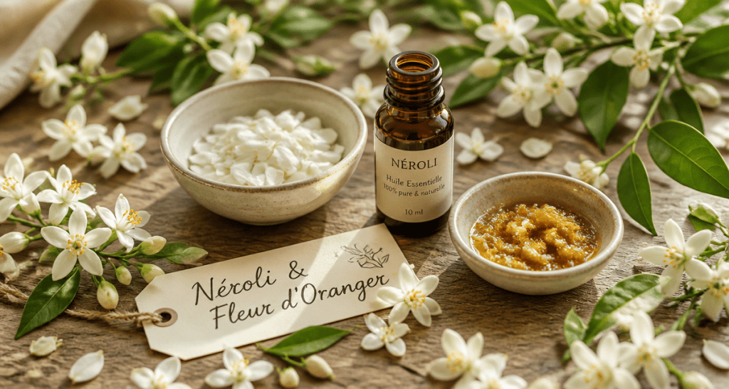 fleur d'oranger neroli sur table avec huile essentielle
