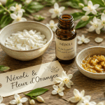 fleur d'oranger neroli sur table avec huile essentielle