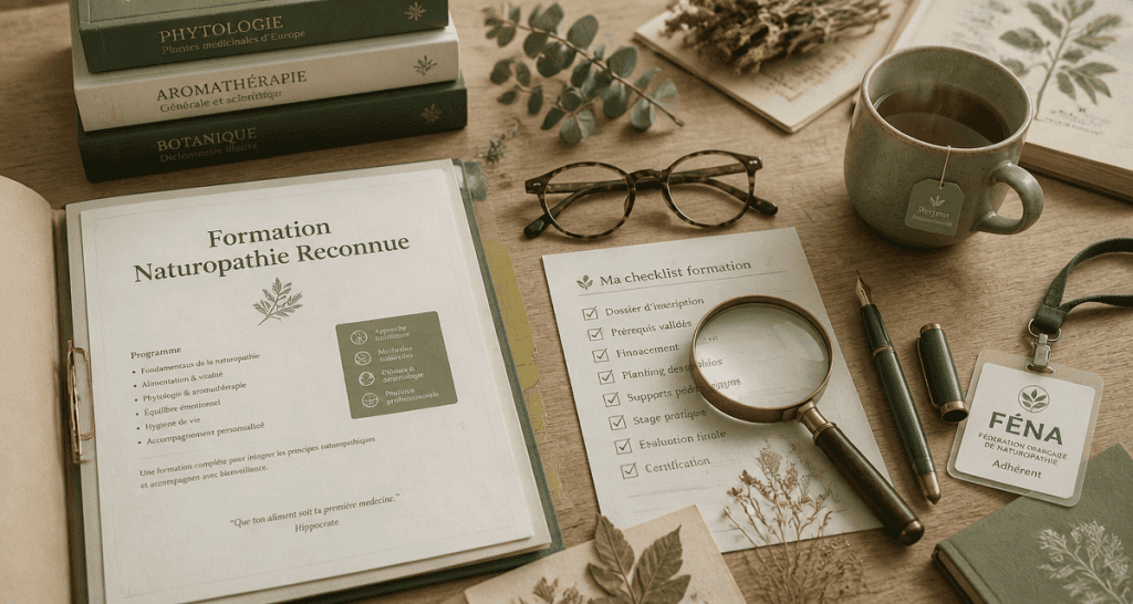 bureau avec dossier formation naturopathie reconnue par l'état, checklist et badge FÉNA