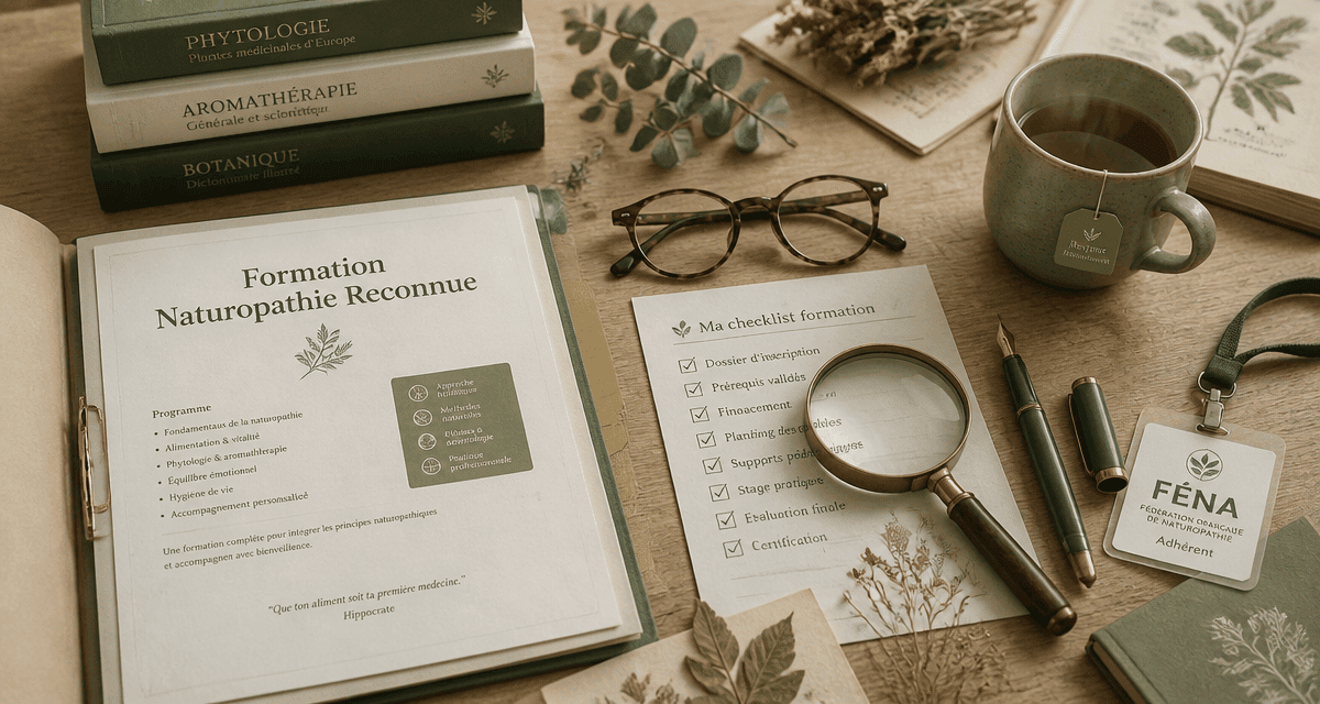 bureau avec dossier formation naturopathie reconnue par l'état, checklist et badge FÉNA
