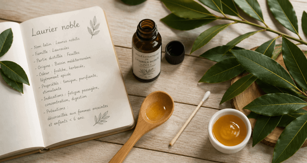 huile essentielle de laurier noble utilisation flacon et feuilles sur table