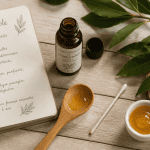 huile essentielle de laurier noble utilisation flacon et feuilles sur table