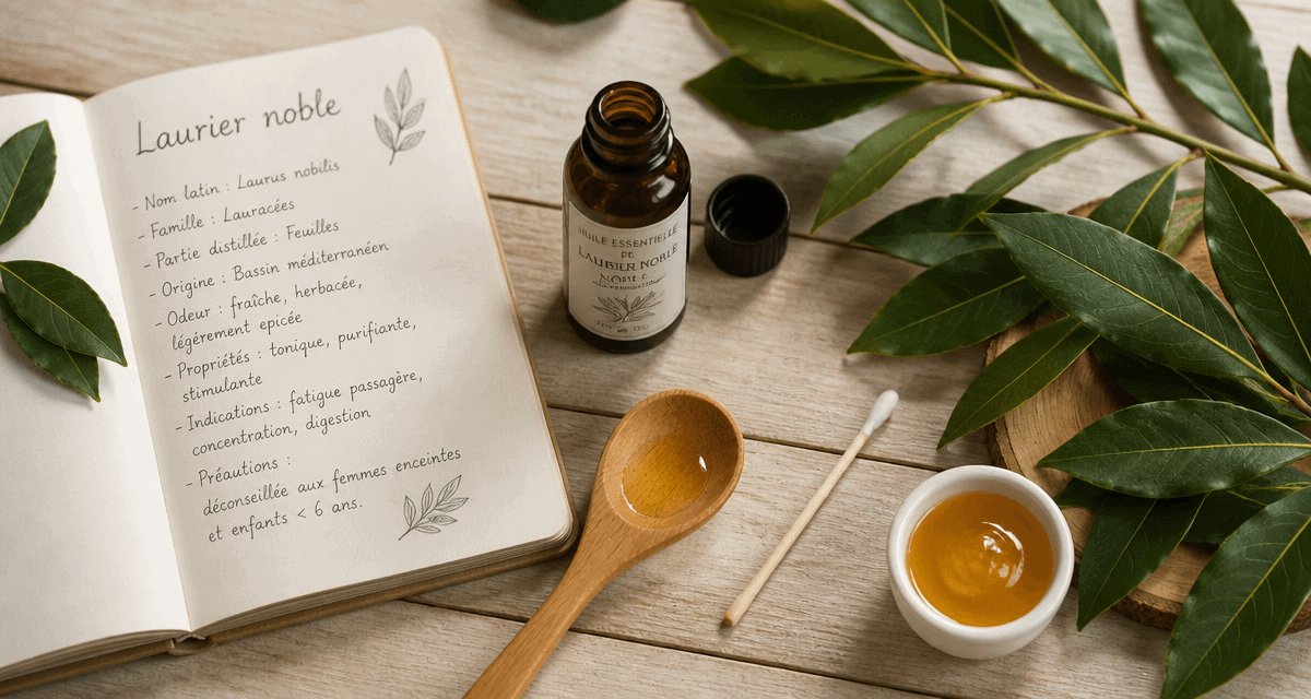 huile essentielle de laurier noble utilisation flacon et feuilles sur table