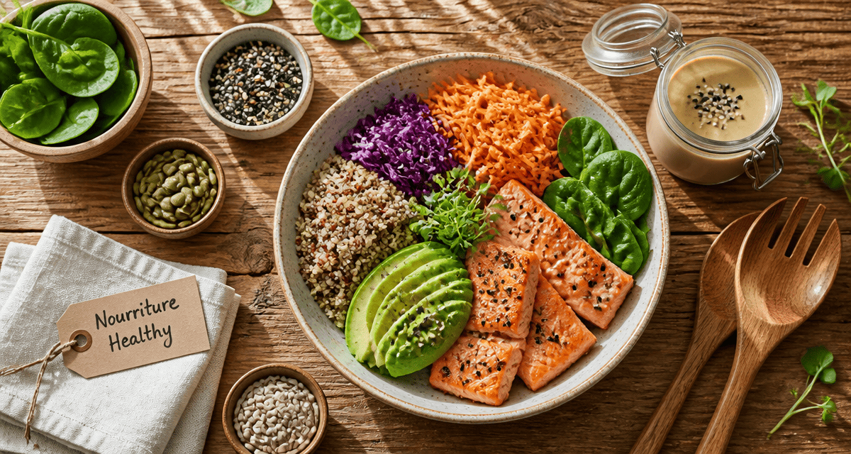 nourriture healthy Buddha bowl saumon quinoa légumes