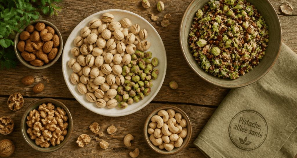 pistache bon pour la sante sur table avec salade