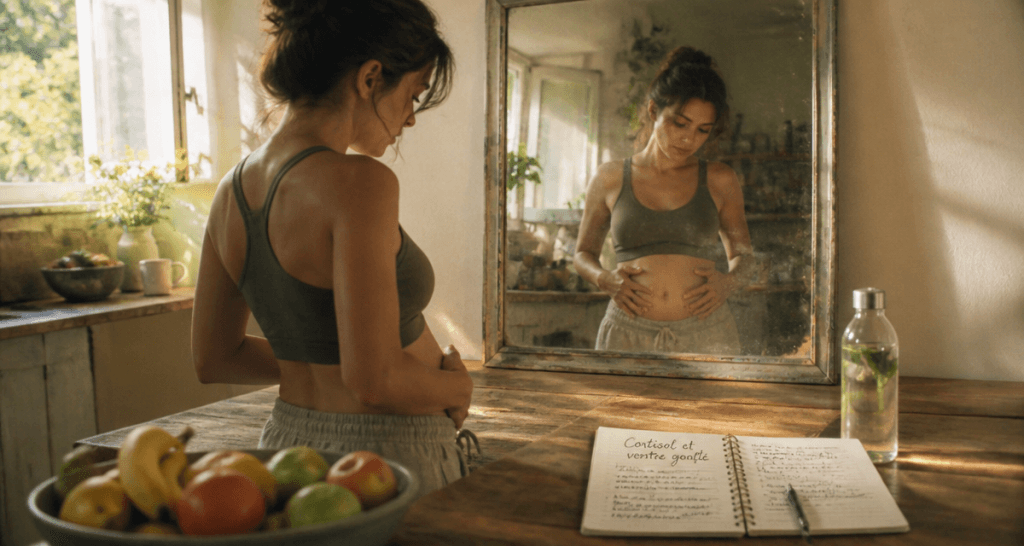 taux de cortisol eleve et ventre gonfle femme devant miroir
