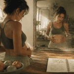 taux de cortisol eleve et ventre gonfle femme devant miroir