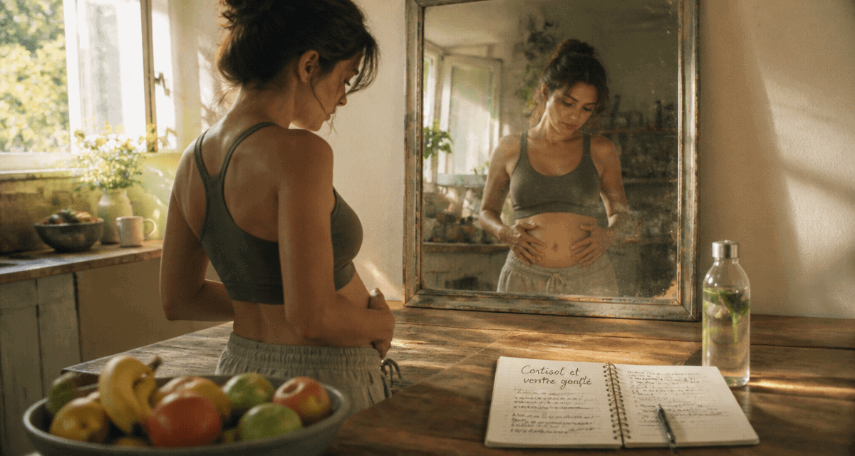 taux de cortisol eleve et ventre gonfle femme devant miroir