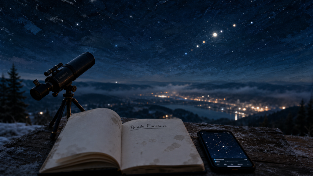Alignement des planètes signification spirituelle 2025 : télescope et étoiles en nuit froide