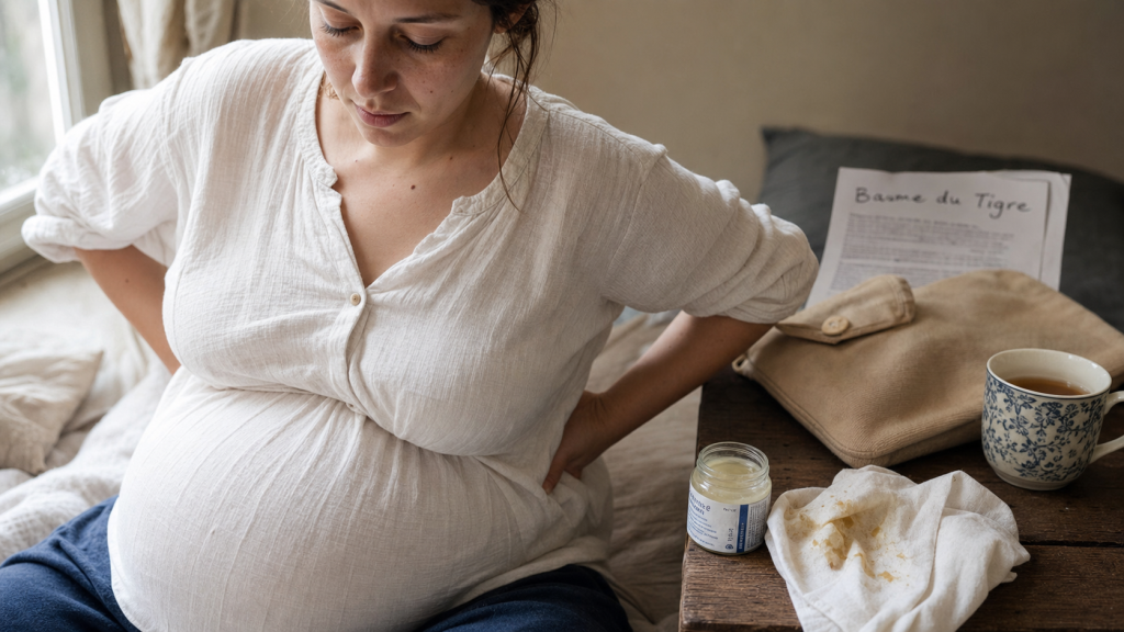 Baume du tigre pour femme enceinte : flacon près d’une femme enceinte, risques de grossesse