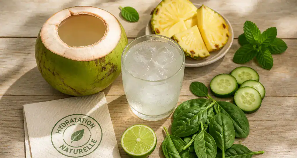 bienfait de l eau de coco verre noix de coco et fruits