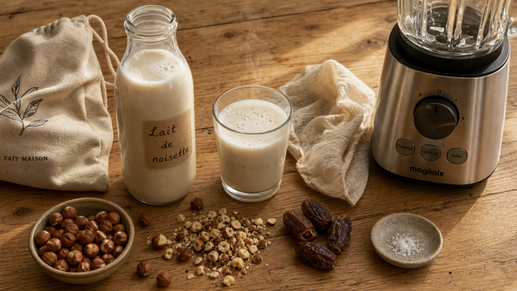 Bienfait du lait de noisette : bouteille, noisettes et mousse