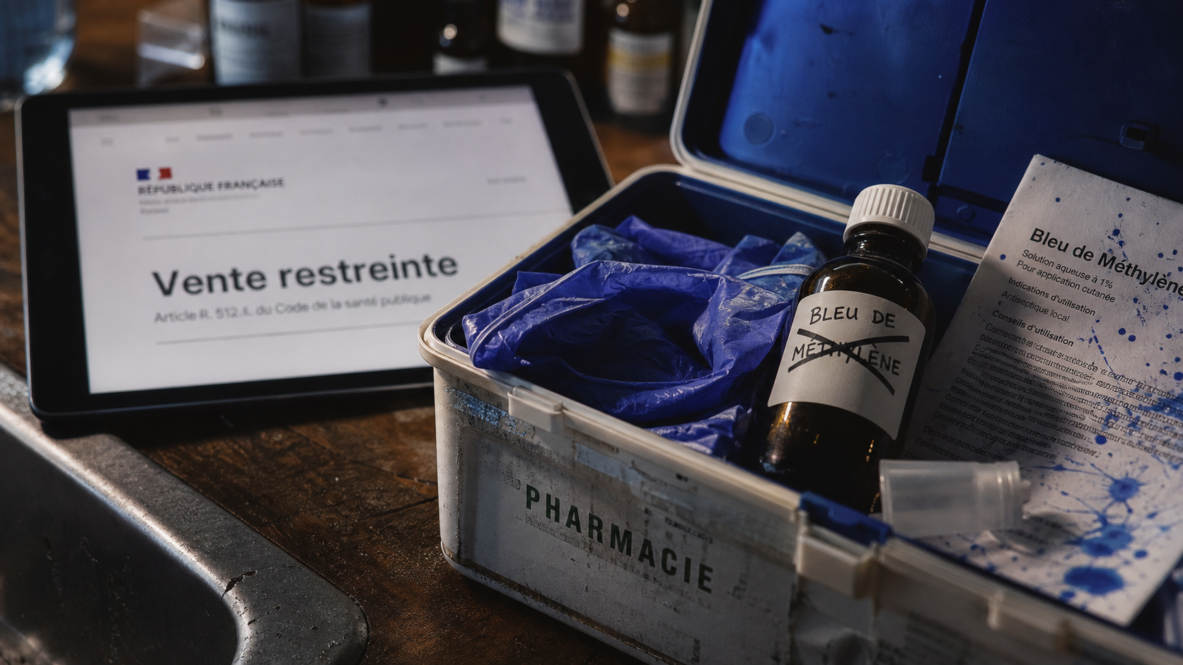 Bleu de méthylène interdit en pharmacie : boîte barrée, vente restreinte