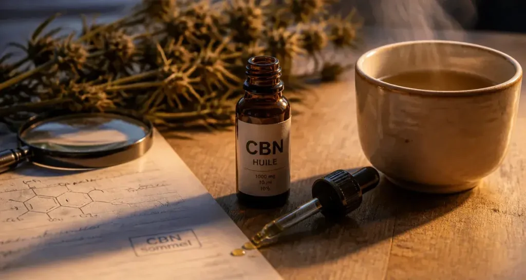 cbn sommeil : pipette d’huile de cbn et infusion chaude