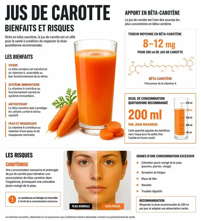 Infographie sur les bienfaits et risques de la consommation quotidienne de jus de carotte pour la santé
