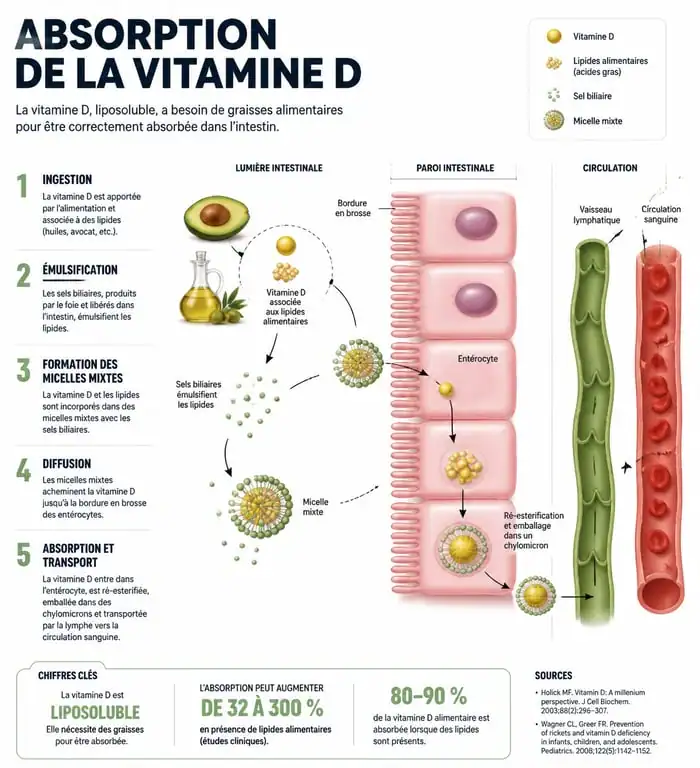 Schéma explicatif de l'absorption de la vitamine D avec des lipides pour optimiser la supplémentation le soir