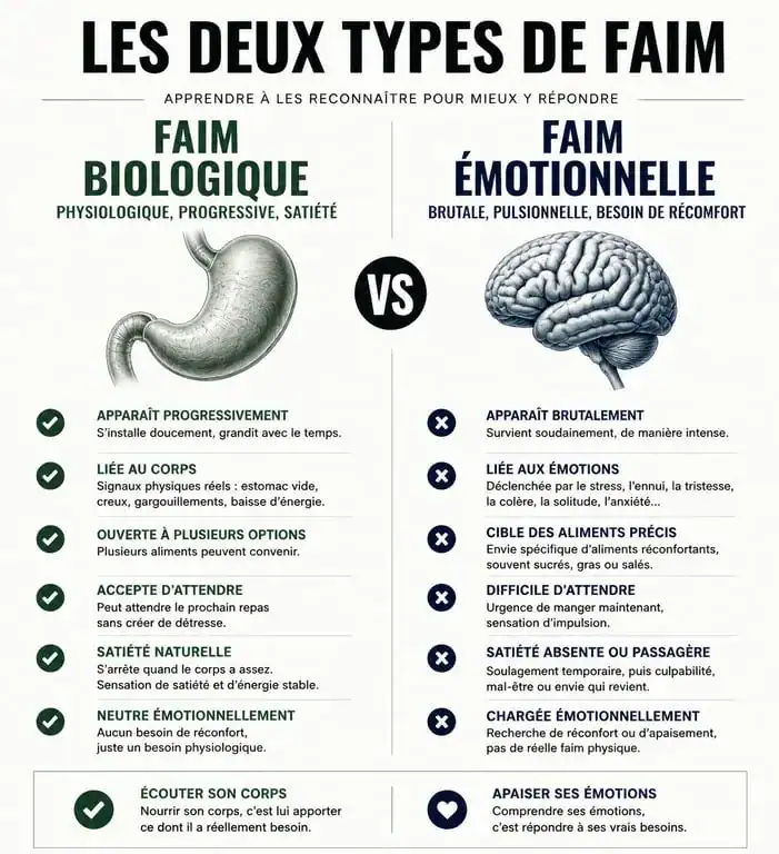 Infographie comparative entre faim biologique et faim émotionnelle pour mieux comprendre comment arrêter de manger par pulsion.