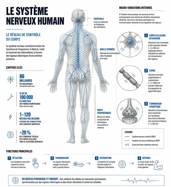 Schéma explicatif des vibrations internes dans le corps humain et le rôle du système nerveux.
