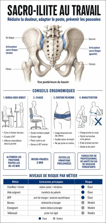 Infographie sur l'aménagement du poste de travail pour les personnes souffrant de sacro-iliite et conseils pour travailler avec cette pathologie.
