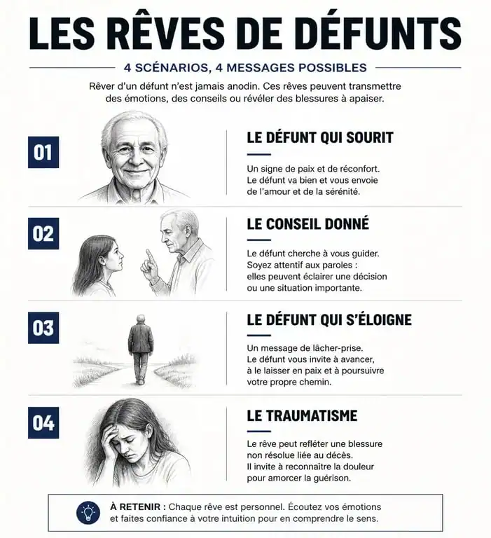 Infographie sur la signification des rêves de défunts et les différentes interprétations psychologiques