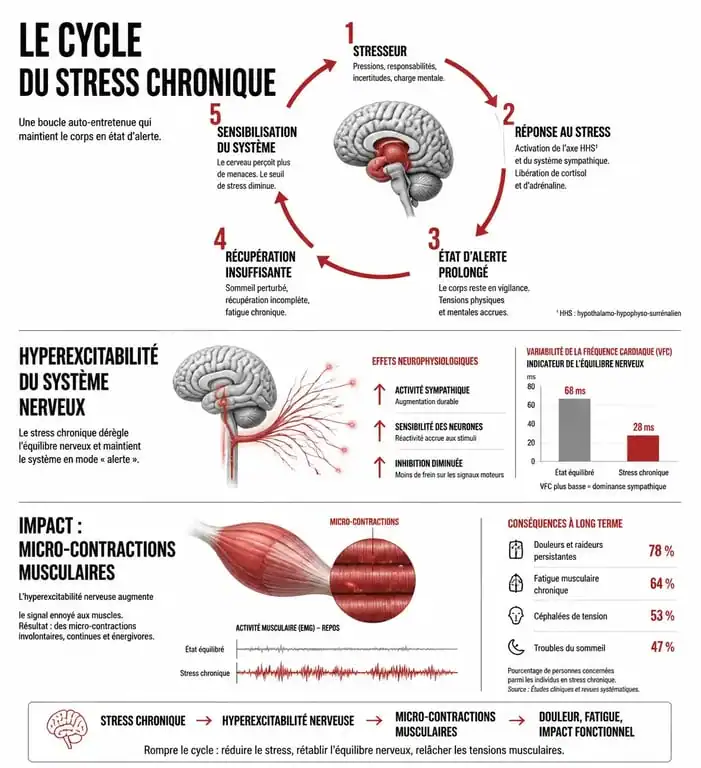 Schéma explicatif des causes physiologiques des tremblements intérieurs et de la fatigue