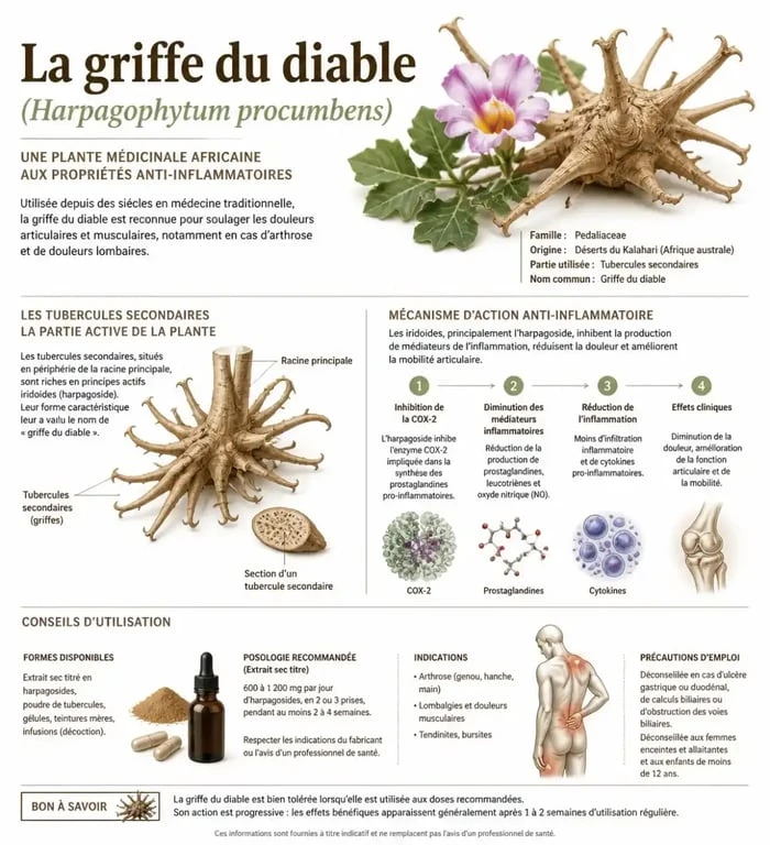 Infographie sur les bienfaits et l'utilisation de la griffe du diable pour le confort articulaire