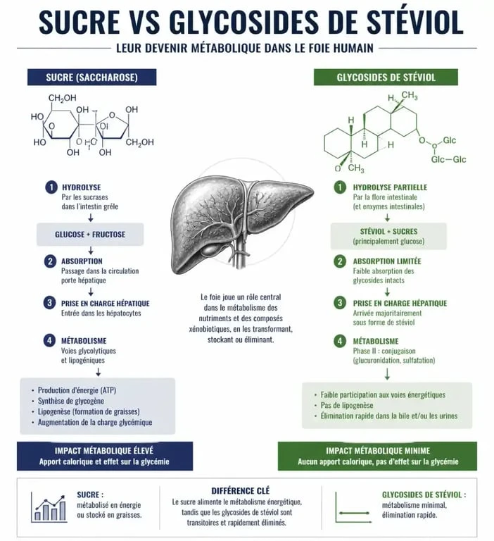 Infographie comparant le métabolisme hépatique du sucre et de la stévia pour la santé du foie