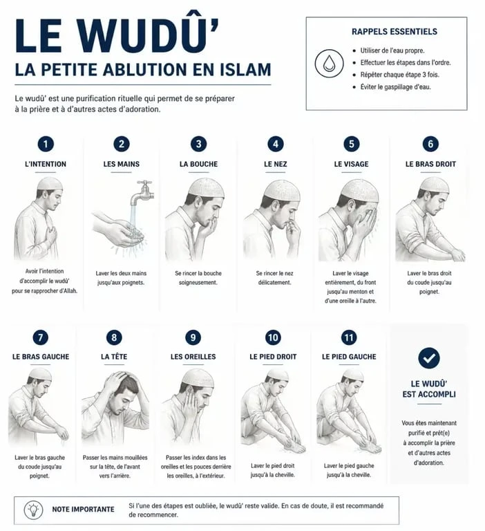 Infographie des étapes de la petite ablution wudû pour apprendre à se purifier correctement