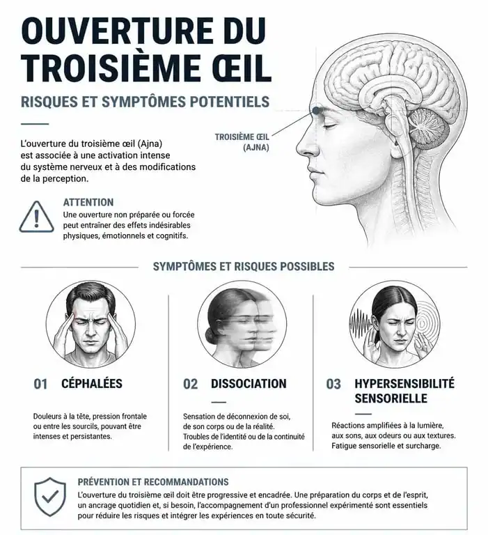 Infographie des risques et symptômes liés à l'ouverture du troisième œil et danger de la pratique