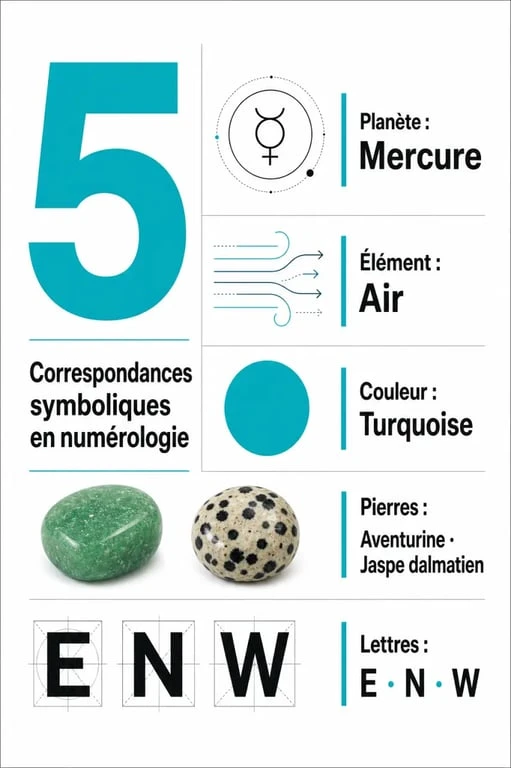 Infographie des correspondances symboliques et énergétiques du chiffre 5 en numérologie