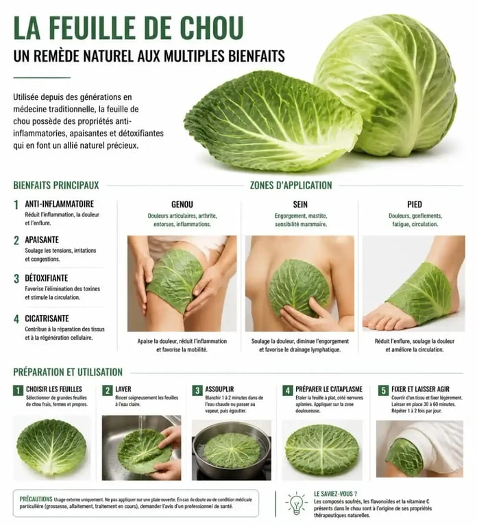 Infographie sur les bienfaits et l'utilisation de la feuille de chou comme remède de grand-mère