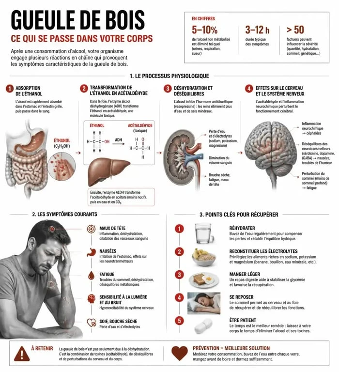 Infographie expliquant comment enlever la gueule de bois et le mécanisme biologique