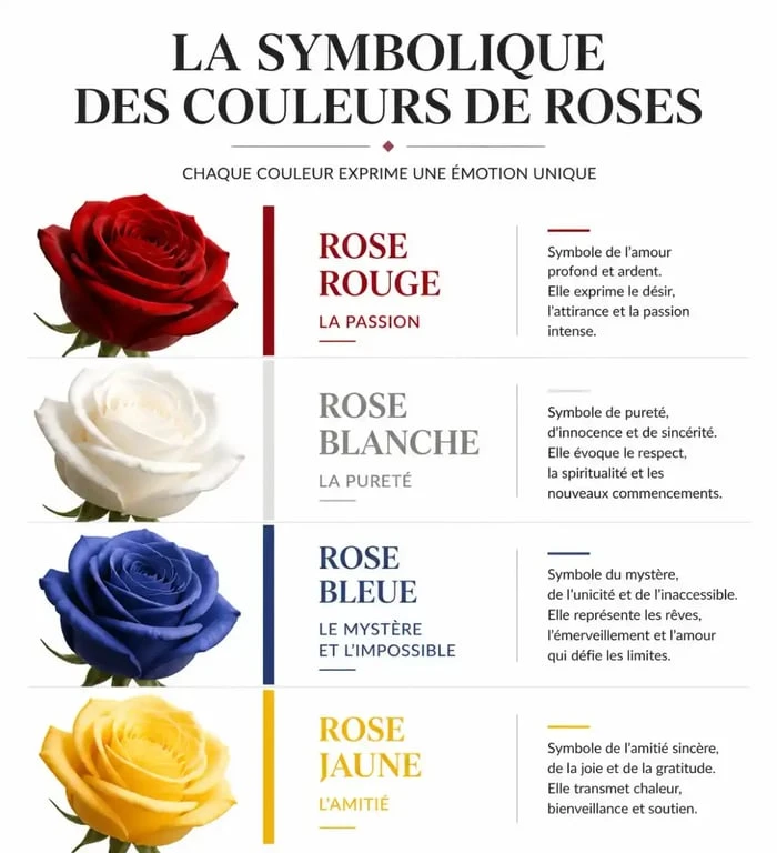 Infographie comparant la signification symbolique des différentes couleurs de roses, incluant la rose bleue