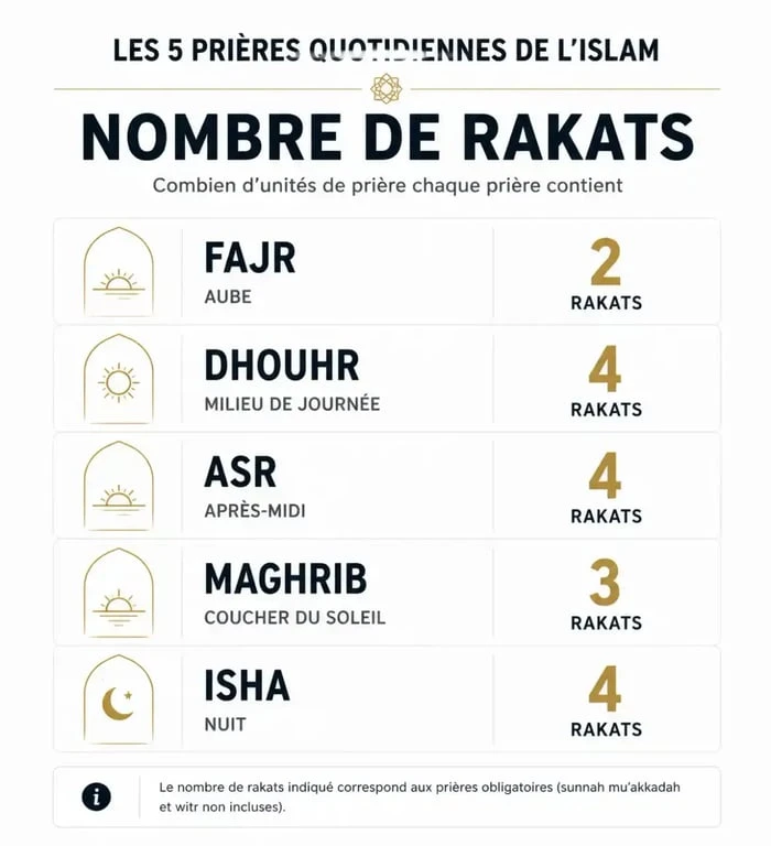 Infographie récapitulative du nombre de rakats par prière
