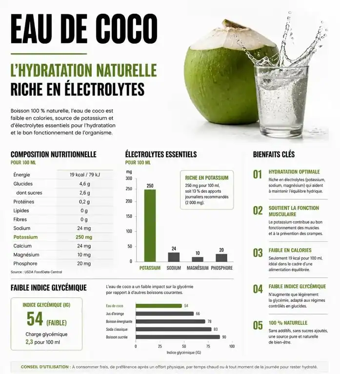 Infographie des bienfaits de l'eau de coco sur la santé et la nutrition
