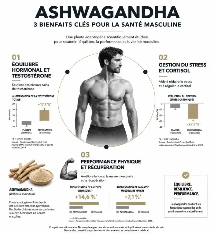 Infographie des bienfaits de l'ashwagandha pour la santé masculine : testostérone, stress et performance physique.