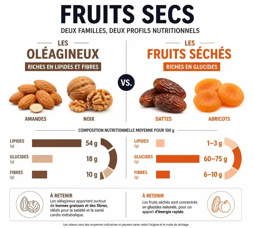 Infographie comparative des apports nutritionnels et calories des fruits secs pour la gestion du poids