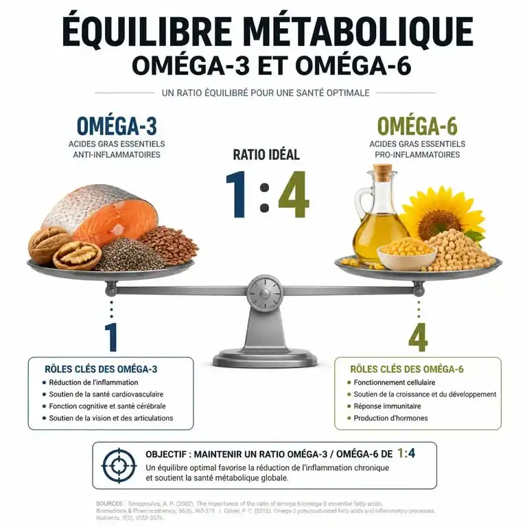 Infographie sur l'équilibre et le ratio idéal des acides gras oméga 3 et 6 pour la santé