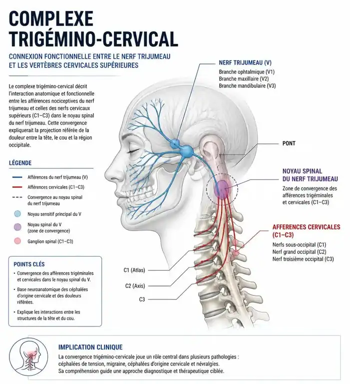 Schéma anatomique du complexe trigémino-cervical expliquant le lien entre maux de tête et cervicales