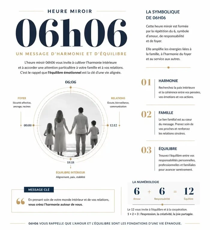 Infographie explicative de la signification spirituelle et numérologique de l'heure miroir 06h06