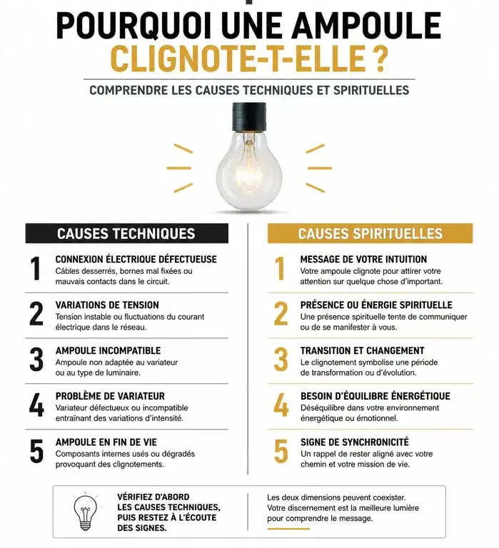 Infographie comparative : causes techniques vs significations spirituelles d'une lumière qui clignote toute seule