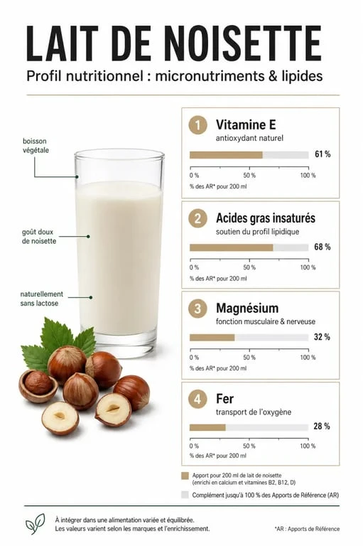 Infographie des bienfaits et apports nutritionnels du lait de noisette pour la santé