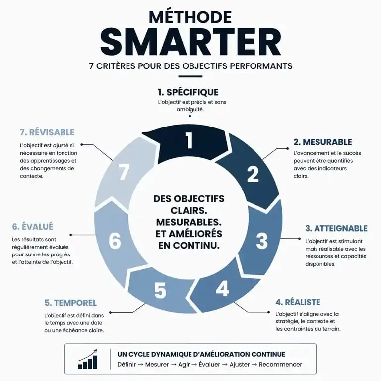 Infographie des 7 critères de la méthode SMARTER pour la fixation d'objectifs