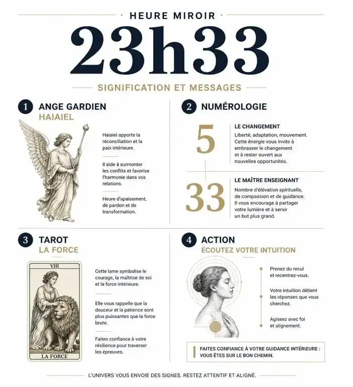 Infographie récapitulative de la signification spirituelle et numérologique de l'heure miroir 23h33