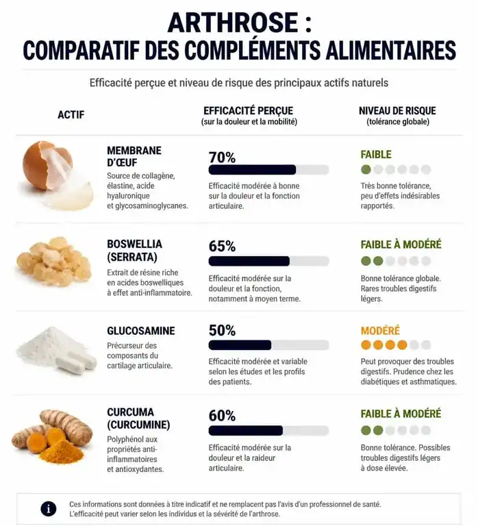 Comparatif des meilleurs compléments alimentaires contre l'arthrose : efficacité et risques des actifs naturels