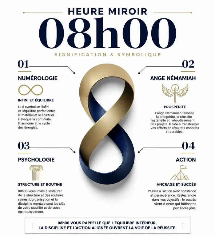 Infographie explicative de la signification de l'heure miroir 08h00 : symbolique, numérologie et messages spirituels