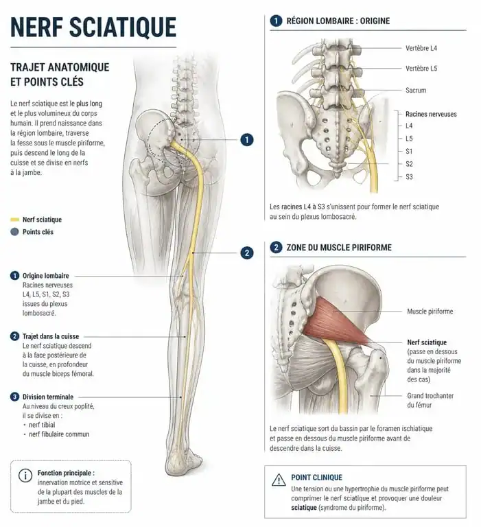 Schéma anatomique du nerf sciatique et zones de massage pour soulager la sciatique
