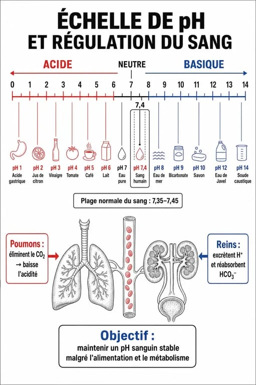 Infographie sur l'échelle de pH et les mécanismes de régulation acido-basique du corps humain